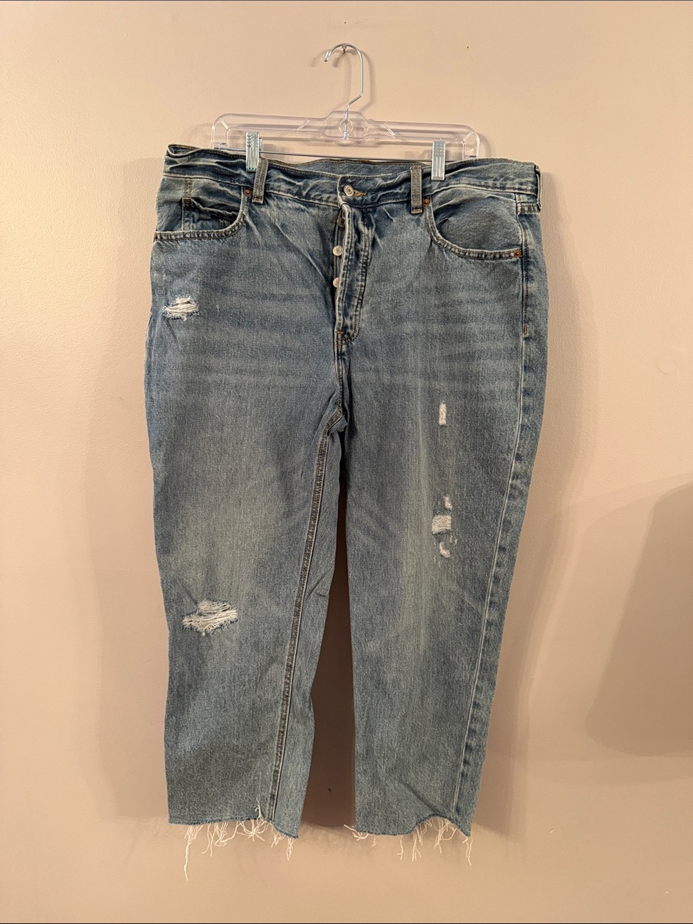 Old Navy Light Blue Straight Leg Distressed Button Fly Jeans - 100% cotton